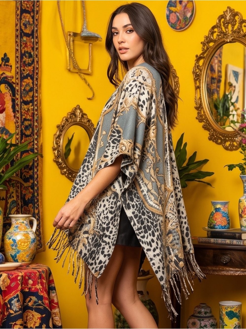Chico's Leopard Print & Gold Baroque Fringe Shawl in Black, White & Gold